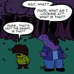 1:1 2025 4_fingers adult_swim ambiguous_gender anthro asking asking_another asking_what big_nose biped black_eyebrows black_hair black_mouth bodily_fluids cartoon_network charlie_dompler clothed clothed_ambiguous clothed_anthro clothed_human clothing colored comic_panel confusion conjoined_speech_bubble deltarune detailed_background dialogue digital_drawing_(artwork) digital_media_(artwork) duo ellipsis english_text eyebrows female_(lore) fingers forest front_view full-length_portrait gesture grass green_clothing green_grass green_sweater green_topwear hair hair_over_eyes hi_res human humor interjection jacket kris_(deltarune) larger_ambiguous larger_anthro leaf looking_at_viewer mammal monster name_in_dialogue nervous nervous_sweat night nonbinary_(lore) obscured_eyes open_mouth outside parody pim_pimling plant portrait purple_body purple_clothing purple_jacket purple_scales purple_topwear question_mark radicalmammajamma scales scalie shirt shocked simple_eyes size_difference smaller_ambiguous smaller_human smiling_friends speech_bubble standing style_emulation susie_(deltarune) sweat sweater tan_teeth teeth text three-quarter_view topwear tree undertale_(series) white_clothing white_shirt white_speech_bubble white_topwear yellow_body yellow_skin yes-no_question