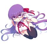  1girl bangs bare_shoulders bb_(fate)_(all) bb_(fate/extra_ccc) black_legwear blush breasts chan_co closed_mouth fate/extra fate/extra_ccc fate_(series) glasses gloves hair_ribbon large_breasts leotard long_hair looking_at_viewer neck_ribbon purple_eyes purple_hair red_ribbon ribbon simple_background smile solo thighhighs tongue tongue_out very_long_hair white_background white_gloves white_leotard 