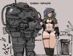  1girl ammunition_belt armor armored_boots assault_visor belt black_armor black_boots black_bra black_gloves black_panties body_armor boots bra breastplate can dark-skinned_female dark_skin food full_armor gauntlets gloves grey_hair gun hair_over_one_eye helmet holding holding_can holding_food holding_weapon jacket light_machine_gun looking_at_viewer machine_gun mecha military military_jacket military_uniform no_mouth one-piece_tan one_eye_covered open_clothes open_jacket original panties pauldrons power_armor red_visor robot science_fiction short_hair short_sleeves shoulder_armor simple_background solo tan tanlines thigh_belt thigh_strap underwear verseshi weapon 