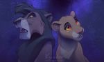  5:3 black_hair blue_eyes detailed_background disney felid female hair kyander lion male mammal night open_mouth outside pantherine red_eyes sky star starry_sky teeth the_lion_king tongue whiskers yellow_sclera 