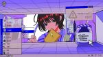  1girl arrow_(symbol) artist_name black_eyes black_hair bottle bowl bread bread_slice briefcase butter butter_knife cellphone commentary cursor door english_text engrish_text error_message fish food food_in_mouth futon fuwa29ne highres holding holding_knife icon_(computing) jam jar key knife looking_at_food microsoft_windows milk_carton mouth_hold original phone plate ranguage recycling_symbol refrigerator refrigerator_interior rice rice_bowl shirt short_hair smartphone solo start_menu taskbar tiles timestamp toast toast_in_mouth toothbrush translated trash_(computing) trash_bag trash_can twitter_username wi-fi_symbol window_(computing) windows_98 windows_classic 