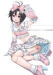  1girl absurdres aburi-gatana antenna_hair arm_up belt black_eyes black_hair blue_belt blush boots bow bowtie colored_skin cropped_shirt detached_sleeves doll_joints frilled_shirt frilled_skirt frilled_sleeves frills gloves hair_bow high_heel_boots high_heels highres idolmaster idolmaster_(classic) idolmaster_starlit_season joints kikuchi_makoto layered_skirt looking_to_the_side midriff multicolored_skin navel open_mouth panties pink_boots pink_bow pink_bowtie pink_panties pink_shirt pink_skirt pink_sleeves request_inset shirt short_hair simple_background sitting skirt sleeveless sleeveless_shirt solo sweet_dolls_(idolmaster) thigh_strap translation_request underwear white_background white_gloves 