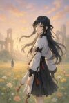  1girl 1other black_hair black_hakama black_skirt field floating_hair flower flower_field from_behind hakama hakama_skirt highres japanese_clothes kanae_(pixiv116111684) layered_sleeves long_hair long_sleeves looking_back medium_skirt original outdoors pink_flower red_eyes shirt short_over_long_sleeves short_sleeves skirt solo standing very_long_hair white_flower white_shirt yellow_flower 