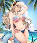 1girl :d absurdres bare_shoulders beach bikini black_hairband blue_sky breasts cloud collarbone cowboy_shot day english_commentary female_corrin_(cipher_shell_bikini)_(fire_emblem) female_corrin_(fire_emblem) fire_emblem fire_emblem_cipher fire_emblem_fates grey_hair hair_between_eyes hairband highres holding holding_swim_ring innertube long_hair looking_at_viewer medium_breasts navel ocean official_alternate_costume open_mouth outdoors red_eyes shell shell_bikini sierra117renner sky smile solo standing stomach swim_ring swimsuit thighs underboob very_long_hair water wide_hips 