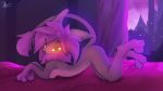  16:9 anthro bed breasts detailed_background female fur furniture hair hi_res hybrid lying on_bed on_front polar_shock purple_body purple_fur solo widescreen yellow_eyes 