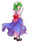  1girl alphes_(style) android apron back back_bow black_shoes blue_dress blush bow commentary_request dairi defeat dress frilled_sleeves frills full_body green_hair holding large_variant_set maid maid_apron maid_headdress mary_janes mop parody parted_bangs puffy_short_sleeves puffy_sleeves red_bow ruukoto shoes short_hair short_sleeves socks solo style_parody tachi-e torn_clothes touhou touhou_(pc-98) transparent_background variant_set waist_apron white_apron white_socks 