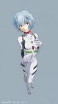  1girl artist_name ayanami_rei blue_background blue_hair bodysuit breasts full_body highres interface_headset_(evangelion) looking_at_viewer mecha_pilot_suit neon_genesis_evangelion payama red_eyes short_hair simple_background solo white_bodysuit 