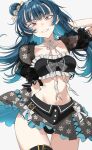  1girl absurdres birthday blue_hair breasts collarbone commentary fang fuu_taro grin hair_bun highres long_hair looking_at_viewer love_live! love_live!_sunshine!! midriff navel red_eyes single_side_bun small_breasts smile solo tsushima_yoshiko 