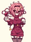  1girl :o absurdres alternate_costume bare_shoulders black_thighhighs blush breasts garter_straps hair_between_eyes hairband hand_up highres komeiji_satori medium_breasts medium_hair messy_hair pink_hair rampa93 red_eyes sleeveless sleeveless_sweater solo sweater thighhighs third_eye touhou turtleneck turtleneck_sweater 