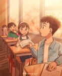  2boys 2girls academic_test bad_id bad_twitter_id bag blue_dress blue_shirt blush brown_hair chair cherry_blossoms classroom copyright_logo copyright_notice desk dress green_shirt hairband hand_to_own_mouth head_rest highres holding holding_paper inactive_account indoors lapels layered_sleeves long_sleeves maekawa_wakaba multiple_boys multiple_girls open_clothes open_mouth open_shirt original paper pinafore_dress school_chair school_desk shirt short_hair short_over_long_sleeves short_sleeves short_twintails sitting sleeveless sleeveless_dress sunlight sweatdrop twintails white_hairband white_shirt window 