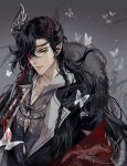  1boy alternate_costume alternate_hairstyle beads black_hair black_hanfu braid bug butterfly chinese_clothes cleavage_cutout clothing_cutout coat coat_partially_removed collarbone collared_robe collared_shirt earrings eyepatch fang fur-trimmed_robe fur_trim grey_background grey_shirt hair_beads hair_ornament hair_ribbon hanfu highres hua_cheng jewelry lapels long_hair looking_at_viewer male_focus necklace off_shoulder one_eye_covered open_clothes open_coat parted_lips pectoral_cleavage pectorals pointy_ears red_coat red_eyes red_ribbon ribbon robe ronpu_cooing shirt side_braids silver_necklace smile solo tianguan_cifu tress_ribbon upper_body white_butterfly 