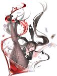  1girl alcohol animal_ears black_hair black_pantyhose blush bow breasts card cup drinking_glass fishnet_pantyhose fishnets grey_eyes hair_between_eyes hair_ornament hair_ribbon high_heels highres large_breasts leotard liquid long_hair looking_at_viewer open_mouth original pantyhose piyopoyo playboy_bunny rabbit_ears ribbon smile solo teeth twintails wine wrist_cuffs 