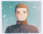  1boy banana0re3 beard blue_sky buzz_cut closed_mouth commentary_request facial_hair golden_kamuy highres jacket light_smile male_focus military_jacket outdoors short_hair sky snowing solo tsukishima_hajime upper_body very_short_hair 
