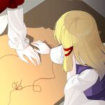  2girls bad_anatomy bad_hands blonde_hair chimi_(s2yuyukos2) commentary hair_ribbon layered_sleeves long_sleeves moriya_suwako multiple_girls no_headwear purple_vest red_ribbon ribbon shadow short_over_long_sleeves short_sleeves string string_of_fate table touhou vest wide_sleeves yasaka_kanako yuri 