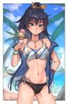  1girl absurdres aqua_eyes beach bikini black_bikini black_hair border breasts cleavage closed_mouth collarbone commentary cowboy_shot day english_commentary fang fang_out food ganaha_hibiki hair_ribbon high_ponytail highres hold111 holding holding_ice_cream_cone ice_cream ice_cream_cone idolmaster idolmaster_(classic) jacket jewelry layered_bikini long_hair looking_at_viewer multicolored_bikini navel necklace open_clothes open_jacket outdoors outside_border palm_tree ponytail ribbon side-tie_bikini_bottom sleeveless sleeveless_jacket solo standing striped_bikini striped_clothes sweat swimsuit tan tree wet white_border wristband 