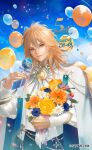  1boy anniversary balloon black_pants blonde_hair blue_bow blue_flower blue_scarf blue_sky bouquet bow candy cape closed_mouth copyright_notice cowboy_shot crescent cuffs daisy_(flower) earrings flower food gerbera gold_trim haruko_(haruhello) highres holding holding_bouquet holding_candy holding_food holding_lollipop jacket jewelry lollipop long_hair looking_at_viewer male_focus mandarin_collar necklace official_art orange_flower pants protagonist_(romancing_saga_2) red_flower romancing_saga_2 romancing_saga_re;universe rose saga scarf sky smile solo stole sun_necklace sun_symbol the_final_emperor wallet_chain white_cape white_flower white_jacket yellow_flower yellow_rose 