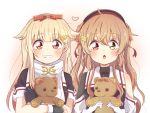  2girls asymmetrical_clothes black_ribbon black_serafuku blonde_hair brown_eyes gloves gradient_hair grin hair_flaps hair_ornament hair_ribbon hairclip heterochromia kantai_collection light_brown_hair long_hair looking_at_viewer multicolored_hair multiple_girls murasame_(kantai_collection) neckerchief red_eyes red_neckwear remodel_(kantai_collection) ren_kun ribbon scarf school_uniform serafuku simple_background smile stuffed_animal stuffed_toy teddy_bear two_side_up upper_body white_background white_gloves white_scarf yuudachi_(kantai_collection) 