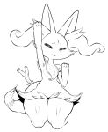  anthro box_(hajimeyou654) braixen chest_tuft ear_tuft eyes_closed female flat_chested hi_res huge_hips huge_thighs kneeling monochrome nintendo pok&eacute;mon pok&eacute;mon_(species) smile solo stretching thick_thighs tuft video_games wide_hips 