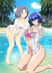  2girls :d ahoge artist_request barefoot beach beach_house bikini blue_bikini blue_eyes blue_hair blue_sky bow breast_suppress breasts cleavage cloud collarbone crossover day eyepatch floral_print_bikini green_eyes grey_hair hair_bow hands_on_own_thighs ikkitousen kneeling large_breasts leaning_forward linea_alba long_sleeves looking_at_viewer medical_eyepatch mole mole_under_mouth multiple_girls navel non-web_source official_art open_mouth outdoors palm_leaf palm_tree parted_bangs pink_bikini ryomou_shimei sand senran_kagura senran_kagura_new_wave senran_kagura_shinovi_versus shiny_skin shirt shore short_hair short_sleeves side-tie_bikini_bottom sky smile standing string_bikini striped_bow swimsuit teeth thong_bikini tree upper_teeth_only water wet wet_clothes wet_shirt white_bow yaegashi_nan yumi_(senran_kagura) 