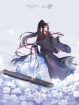  2boys absurdres ahoge bishounen black_hair black_hanfu bug butterfly chinese_clothes chinese_commentary chinese_text closed_eyes closed_mouth copyright_name dizi floating_hair flower flute flute_tassel full_body grey_eyes guqin hair_flower hair_ornament hair_ribbon hanfu headband high_ponytail highres holding holding_flute holding_instrument instrument lan_wangji light_particles long_hair long_sleeves looking_at_viewer male_focus modao_zushi multiple_boys music official_art parted_lips playing_instrument ponytail red_ribbon ribbon robe sash seiza sidelocks sitting sleeves_past_wrists smile smoke standing tassel topknot transverse_flute very_long_hair watermark wei_wuxian weibo_watermark white_butterfly white_flower white_hanfu white_headband wide_sleeves xiao_guan_(headdress) yaoi yaopei yellow_eyes 