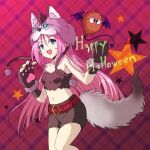  1girl :d animal_hands animal_hood belt belt_buckle breasts brown_gloves brown_shorts buckle collarbone crop_top fake_tail floating_hair fox_hood fox_tail gloves green_eyes guvava halloween halloween_costume hood long_hair macross macross_7 midriff mylene_jenius na_cat1111 navel paw_gloves pink_hair plaid_background red_background red_belt short_shorts shorts small_breasts smile solo standing stomach strapless tail very_long_hair 
