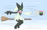 2025 ambiguous_gender anthro broom broom_riding claws cleaning_tool felid feline fur generation_9_pokemon golden_snitch green_body green_fur green_hair hair harry_potter_(series) mammal meowscarada motion_lines nintendo pawpads paws pink_eyes pokemon pokemon_(species) solo tail ylit