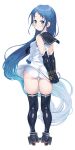  1girl ass black_gloves black_sailor_collar black_shoes black_thighhighs blue_eyes blue_hair breasts closed_mouth commentary dd_(ijigendd) dress elbow_gloves from_behind full_body gloves gradient_hair highres kantai_collection long_hair looking_at_viewer looking_back multicolored_hair panties sailor_collar sailor_dress samidare_(kancolle) shoes simple_background sleeveless sleeveless_dress small_breasts solo thighhighs underwear very_long_hair white_background white_dress white_panties 
