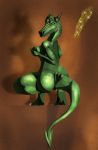  2020 anthro big_butt breasts butt crouching digital_media_(artwork) dragon felixspeagel female green_body green_scales hi_res horn long_tail looking_at_viewer looking_back non-mammal_breasts nude plantigrade rear_view scales scalie seductive_smile simple_background solo western_dragon wingless_dragon yellow_eyes 