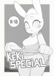  1girl :&lt; absurdres animal_ears animal_nose artist_name blush border breasts censored censored_by_text character_name cherry clothes_lift commentary cowboy_shot cream dress dress_lift english_commentary english_text food food_on_head fruit grey_background greyscale hands_up heart highres keki_(kekitopu) kekitopu lifting_own_clothes looking_at_viewer medium_breasts monochrome nervous no_panties object_on_head open_mouth original outside_border pussy_juice rabbit_ears rabbit_girl raised_eyebrows short_dress sleeveless sleeveless_dress solo standing teeth thick_eyebrows whiskers white_border wide_hips 