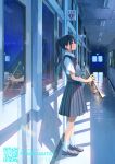  1girl black_hair black_skirt black_vest bulletin_board ceiling classroom collared_shirt commentary_request hallway highres holding holding_instrument instrument lens_flare long_hair original pleated_skirt ponytail reflection reflective_floor sakatsuki_yakumo school shirt shoes short_sleeves sidelocks skirt socks solo sunlight trumpet uwabaki vanishing_point vest white_shirt white_socks window 