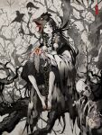  1girl animal barefoot bead_necklace beads bird bird_mask black_bird black_eyes black_hair black_hakama black_haori black_nails black_wings blood circle_facial_mark commentary_request crow dead_animal eyeliner facial_mark feathered_wings forehead_mark full_body hakama hakama_shorts haori highres holding holding_animal japanese_clothes jewelry kimono long_hair long_sleeves looking_at_viewer makeup mask mask_on_head multiple_necklaces nanahara_shie necklace on_branch original parted_lips red_eyeliner red_lips sharp_toenails shorts sitting skeleton solo tengu toenails tree very_long_hair white_kimono wide_sleeves wings 