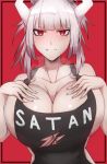  1girl apron bangs bare_arms bare_shoulders black_apron blush breasts cleavage demon_girl demon_horns hands_on_own_breasts helltaker highres horns huge_breasts large_breasts looking_at_viewer lucifer_(helltaker) medium_hair mole mole_under_eye naked_apron no_bra red_background red_eyes short_hair silver_hair simple_background solo sweat sweatdrop uchisukui upper_body white_hair white_horns 