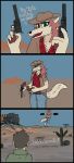 4_fingers absurd_res anthro bottomwear cactus canid canine clothing comic cowboy_hat cowboy_outfit denim denim_bottomwear denim_clothing desert duo female fingernails fingers green_eyes gun hair handgun hat headgear headwear hi_res holding_gun holding_handgun holding_object holding_ranged_weapon holding_revolver holding_weapon human humanoid jacket jeans looking_at_viewer male mammal nails open_mouth pants pawpads plant quake-1 ranged_weapon red_hair revolver smug smug_grin tail text topwear weapon