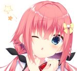  1girl ;o absurdres black_bow blue_eyes blush bow bowtie cat_hair_ornament clenched_hands commentary_request crossed_bangs fuwa_mochiri hair_between_eyes hair_bow hair_intakes hair_ornament hamidashi_creative hands_up highres long_hair looking_at_viewer low_twintails one_eye_closed open_mouth pink_hair portrait red_bow red_bowtie school_uniform selfie shirt sidelocks simple_background solo star_(symbol) tokiwa_kano twintails white_background white_shirt yellow_bow 