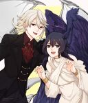  1boy 1girl :d absurdres alternate_costume artist_name ascot black_eyes black_hair black_wings collared_shirt commentary dragon_wings dress english_commentary fallen_angel feathered_wings female_morgan_(fire_emblem) fire_emblem fire_emblem_awakening fire_emblem_fates hair_between_eyes halo head_wings highres jacket male_corrin_(fire_emblem) open_mouth patreon_username purple_halo red_ascot red_eyes red_jacket red_shirt shirt short_hair sierra117renner smile tongue twitter_username white_dress white_hair white_wings wings 