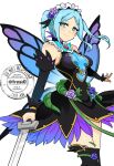  1girl armpits bare_shoulders black_thighhighs blue_eyes blue_hair breasts bridal_gauntlets bug butterfly butterfly_wings closed_mouth detached_sleeves dress fairy_wings fire_emblem fire_emblem_fates fire_emblem_heroes flora_(fire_emblem) flora_(resplendent)_(fire_emblem) flower hair_flower hair_ornament headdress holding holding_sword holding_weapon insect_wings large_breasts long_hair looking_at_viewer maid maid_headdress medium_breasts official_alternate_costume simple_background smile solo sword thighhighs thighs twintails weapon white_background wings yukia_(firstaid0) 