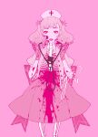  1girl :d absurdres blood blood_on_arm blood_on_clothes blood_on_face blood_on_hands blood_splatter bright_pupils coat cowboy_shot curly_hair dress gloves hat highres holding holding_stethoscope looking_at_viewer nurse_cap open_clothes open_coat original pink_coat pink_dress pink_eyes pink_gloves pink_hair pink_theme short_twintails skeletal_body skeletal_leg skeleton smile solo stethoscope twintails white_pupils yoimon 