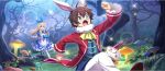  1boy 1girl alice_(alice_in_wonderland) alice_(alice_in_wonderland)_(cosplay) animal_ears ascot black_bow blonde_hair blue_bow blue_dress blue_eyes blue_hairband bow braid brown_hair chain chasing clenched_hands club_(shape) coat cosplay dress dutch_angle fern fleeing flying_sweatdrops forest game_cg gloves glowing_mushroom gold_chain green_eyes hairband heart highres iris_(konosuba) kono_subarashii_sekai_ni_shukufuku_wo! konosuba!_fantastic_days lens_flare long_hair mary_janes monocle mushroom nature official_art open_mouth outdoors outstretched_arm pants pantyhose puffy_short_sleeves puffy_sleeves rabbit_ears red_bow red_coat running satou_kazuma shoes short_sleeves sparkle third-party_source watch white_gloves white_pants white_pantyhose white_rabbit_(alice_in_wonderland) white_rabbit_(alice_in_wonderland)_(cosplay) yellow_ascot 