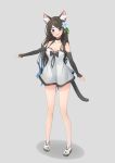  1girl absurdres animal_ear_fluff animal_ears black_hair blue_eyes breasts cat_ears cleavage dress flower full_body grey_background hair_flower hair_ornament highres legs long_hair nekoze_(s22834712) open_mouth original outstretched_arm sandals short_dress simple_background smile solo sundress thighs toes white_dress 