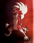  2016 ambiguous_gender black_claws black_nose claws fingers fur glowing glowing_eyes hair loafbud lycanroc midnight_lycanroc multicolored_body nintendo open_mouth pok&eacute;mon pok&eacute;mon_(species) red_background red_body red_eyes red_fur signature simple_background teeth toe_claws toes tongue video_games white_body white_fur white_hair 