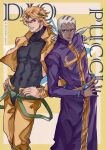  2boys bangle belt blonde_hair bracelet character_name clerical_collar coat commentary_request cropped_jacket dark-skinned_male dark_skin dio_brando enrico_pucci fingernails hands_on_own_hips headband highres ichiroyama5409 jewelry jojo_no_kimyou_na_bouken long_fingernails long_hair male_focus multiple_boys muscular muscular_male nail_polish purple_eyes red_eyes sharp_fingernails stardust_crusaders stone_ocean white_hair yellow_background 