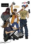  4boys arm_up baseball_bat baseball_cap beard_stubble black_gloves black_hair black_shirt blood blood_from_forehead blood_on_clothes blood_on_weapon blood_stain brown_hair cable clothes_around_waist constricted_pupils copyright_name crazy_grin cry_of_fear denim dirty dirty_face electric_guitar ellis_(left_4_dead) facepaint facial_hair fingerless_gloves glasses gloves grey_hoodie guitar gun hammer handgun hat highres holding holding_baseball_bat holding_gun holding_hammer holding_weapon hood hood_up hoodie instrument jacket jacket_around_waist jeans kneeling left_4_dead left_4_dead_2 lightning_bolt_print long_hair looking_at_viewer male_focus mesmaxxy metalocalypse multiple_boys music mustache over_shoulder pants playing_guitar playing_instrument print_shirt shirt short_hair simon_henriksson_(book) sledgehammer smirk spiked_bat standing stubble teeth the_eltingville_club toki_wartooth toned toned_male upper_teeth_only weapon weapon_over_shoulder white_shirt william_dickey yellow_jacket yellow_shirt 