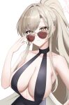  1girl absurdres adjusting_eyewear armpit_crease bare_shoulders black_one-piece_swimsuit blonde_hair blue_archive breasts center_opening cleavage closed_mouth collarbone commentary covered_navel crossed_bangs earrings ein_tiger eyewear_pull hair_between_eyes halo halterneck hand_on_eyewear hand_up highres hoop_earrings jewelry large_breasts long_hair looking_at_viewer nagisa_(blue_archive) nagisa_(swimsuit)_(blue_archive) official_alternate_costume one-piece_swimsuit ponytail sideboob simple_background solo sunglasses swimsuit tinted_eyewear upper_body very_long_hair white_background white_halo yellow_eyes 