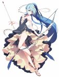  1girl arrow_(projectile) black_dress black_ribbon blue_eyes blue_hair bow_(weapon) breasts brown_sandals closed_mouth commentary_request dress full_body hair_ribbon halo high-low_dress holding holding_arrow holding_bow_(weapon) holding_weapon leg_up long_hair original pointy_ears ribbon sandals simple_background small_breasts smile solo usalxlusa very_long_hair weapon white_background 