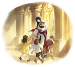  2boys 2girls absurdres black_hair blue_eyes book boots border braid brown_boots brown_hair cape child dress facial_mark fading_border flower forehead_mark game_cg highres holding holding_book holding_flower hood hood_up hooded_cape jewelry lantern long_hair long_sleeves looking_down medium_hair multiple_boys multiple_girls non-web_source official_art pendant pillar red_cape robe samantha_(sword_of_convallaria) shoes short_hair shorts sun_symbol sword_of_convallaria transparent_border tunic two-sided_cape two-sided_fabric white_cape white_robe window yellow_dress 