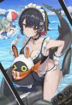  >_o 1other 2girls absurdres ball bangboo_(zenless_zone_zero) beachball bikini black_bikini black_hair blush breasts candy cleavage closed_mouth collarbone corin_wickes ellen_joe fins fish_tail food frilled_bikini frilled_hairband frilled_wrist_cuffs frills green_hair hairband highres holding holding_candy holding_food holding_lollipop large_breasts lollipop maid maid_bikini maid_headdress mole mole_under_eye multiple_girls o_o ocean one_eye_closed open_mouth red_eyes red_hair shakkiyi shark_girl shark_tail short_hair summer swimsuit tail twintails unconventional_maid wrist_cuffs zenless_zone_zero 