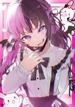  1girl :d absurdres arm_behind_back bat_wings black_bow black_bowtie black_ribbon black_skirt blush bow bowtie braid brown_hair center_frills collared_shirt commentary detached_wings fang frilled_shirt frilled_shirt_collar frills hair_bow hair_ribbon hand_up heart heart-shaped_pupils highres iris_black_games jirai_kei kamatoyu long_hair long_sleeves looking_at_viewer mascot mask mask_pull mouth_mask multicolored_hair nail_polish open_mouth pink_hair purple_eyes purple_nails rabbit ribbon shirt sidelocks skirt smile solo split-color_hair suspender_skirt suspenders symbol-shaped_pupils tachibana_hinano twintails two-tone_hair upper_body utaite virtual_youtuber vspo! white_shirt wings 