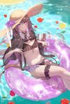  1girl absurdres alternate_costume bikini brown_hair character_print closed_mouth flower frilled_thigh_strap hat hat_flower herta_(honkai:_star_rail) highres honkai:_star_rail honkai_(series) long_hair long_sleeves looking_at_viewer navel purple_eyes purple_flower sazanami_(re_n_rentaro) smile solo stomach straw_hat sun_hat swim_ring swimsuit the_herta_(honkai:_star_rail) thigh_strap 
