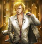  1boy absurdres artist_logo artist_name aueysupaluk belt blonde_hair card cigarette clenched_teeth commentary curly_eyebrows deviantart_username english_commentary facebook_username hair_over_one_eye hand_in_pocket highres logo long_sleeves looking_at_viewer male_focus official_alternate_costume one_eye_covered one_piece one_piece_film:_gold purple-tinted_eyewear realistic sanji_(one_piece) shirt short_hair smile smoke solo sunglasses teeth tinted_eyewear web_address white_shirt yellow-framed_eyewear 