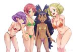  4girls :d arm_at_side arms_behind_back artist_name bangs bel_(pokemon) big_hair bikini black_hair blonde_hair breasts brown_eyes cabernet_(pokemon) cleavage clenched_hands closed_mouth collarbone commentary_request dark_skin ears green_bikini green_eyes hair_tie happy height_difference iris_(pokemon) kijouyu knees langley_(pokemon) large_breasts long_hair looking_at_viewer medium_breasts medium_hair multiple_girls navel open_mouth pink_hair pokemon pokemon_(anime) pokemon_bw_(anime) purple_eyes purple_hair shiny shiny_hair short_hair simple_background small_breasts smile swimsuit teeth tied_hair tongue upper_teeth very_long_hair white_background 